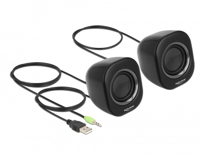 Delock 27002 Mini Sztereó személyi számítógép hangfal 3,5 mm sztereó jack apával és USB töltéssel