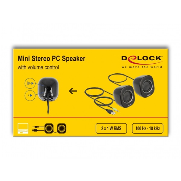 Delock 27002 Mini Sztereó személyi számítógép hangfal 3,5 mm sztereó jack apával és USB töltéssel