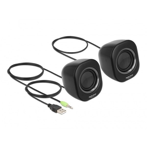 Delock 27002 Mini Sztereó személyi számítógép hangfal 3,5 mm sztereó jack apával és USB töltéssel