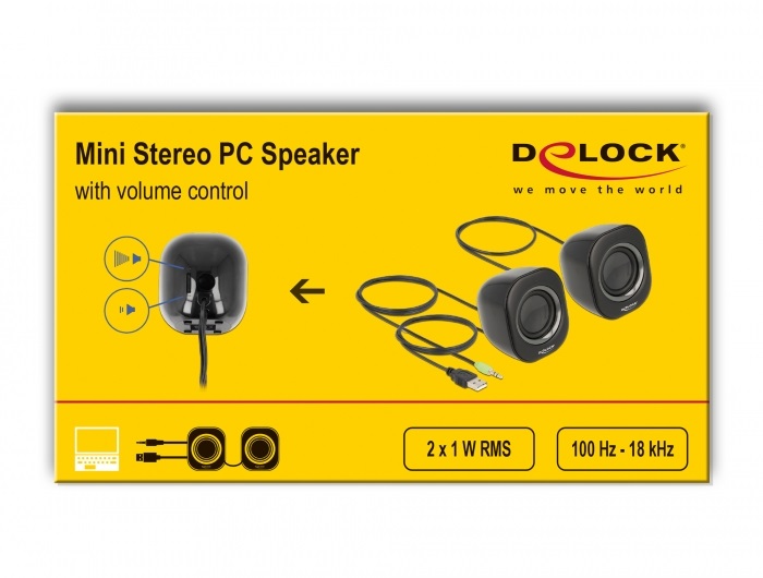 Delock 27002 Mini Sztereó személyi számítógép hangfal 3,5 mm sztereó jack apával és USB töltéssel