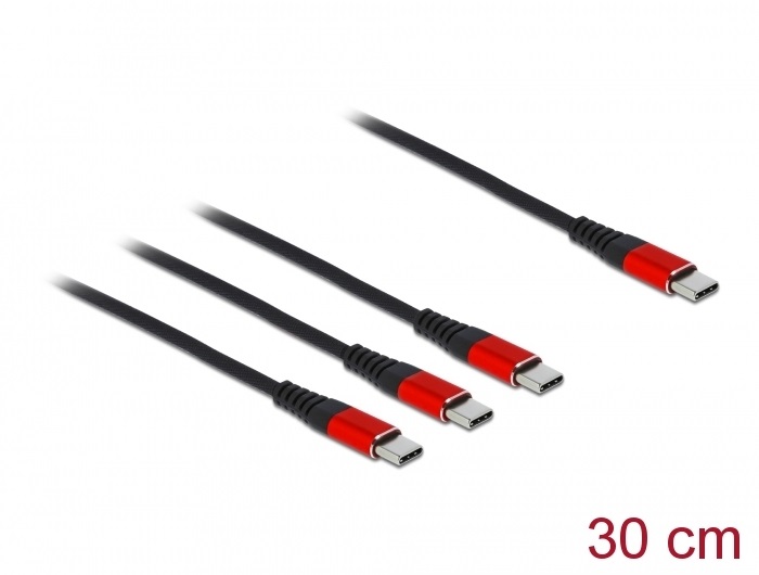 Delock 86712 30 cm hosszú, USB töltő kábel 3 az 1 USB Type-C  apa 3 x USB Type-C  csatlakozáshoz