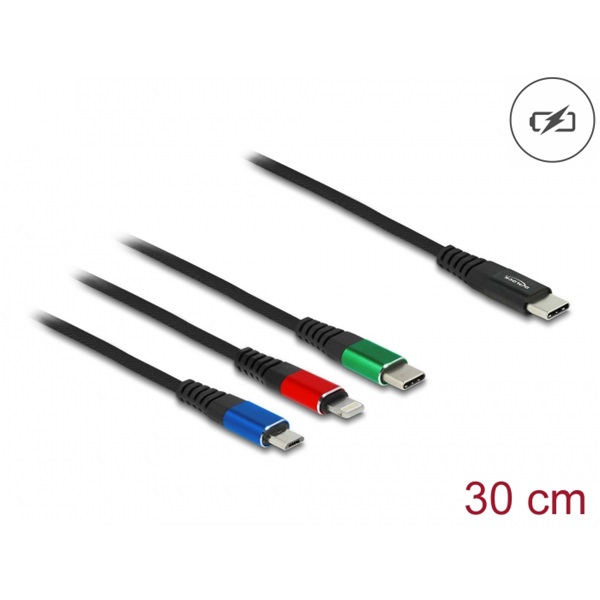 Delock 86820 30 cm hosszú, USB töltő kábel 3 az 1 USB Type-C  apa Lightning -, Micro USB- és USB Type-C  csatlakozáshoz