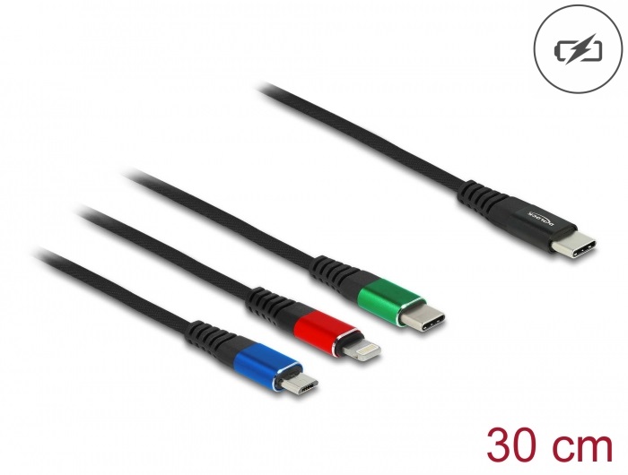 Delock 86820 30 cm hosszú, USB töltő kábel 3 az 1 USB Type-C  apa Lightning -, Micro USB- és USB Type-C  csatlakozáshoz