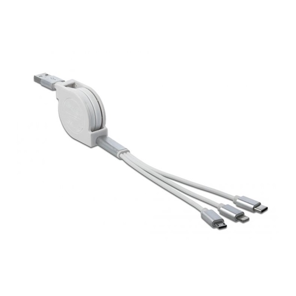 Delock 85850 3 az 1-ben visszahúzható fehér USB töltokábel 8 tus- / Micro-USB- / USB Type-C  végzodéssel