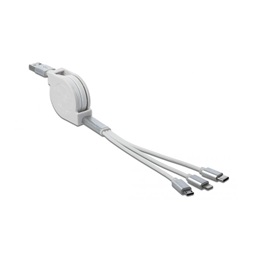 Delock 85850 3 az 1-ben visszahúzható fehér USB töltokábel 8 tus- / Micro-USB- / USB Type-C  végzodéssel