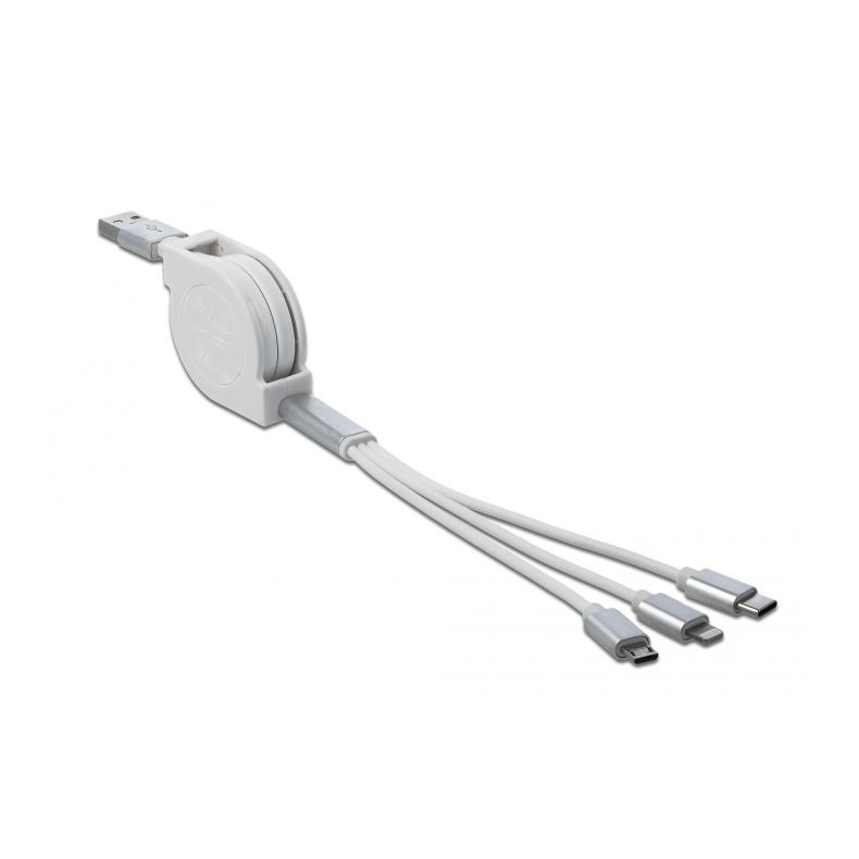 Delock 85850 3 az 1-ben visszahúzható fehér USB töltokábel 8 tus- / Micro-USB- / USB Type-C  végzodéssel