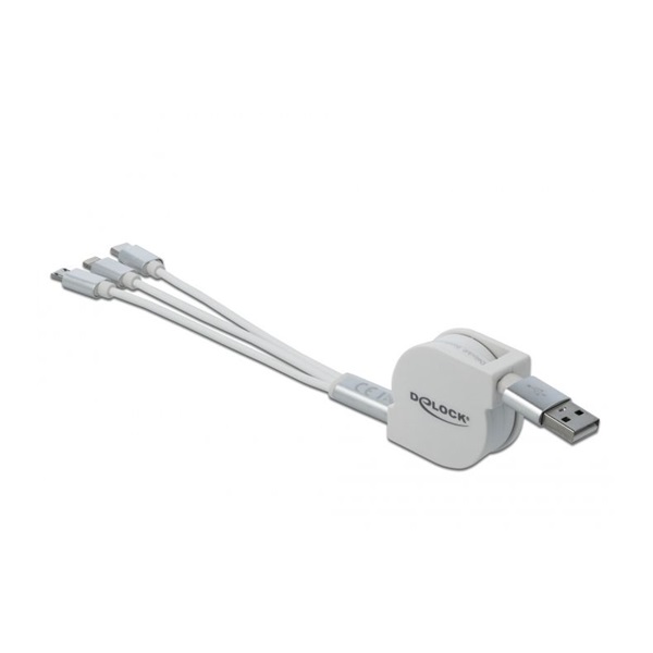 Delock 85850 3 az 1-ben visszahúzható fehér USB töltokábel 8 tus- / Micro-USB- / USB Type-C  végzodéssel