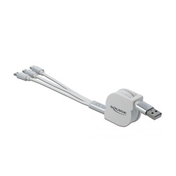 Delock 85850 3 az 1-ben visszahúzható fehér USB töltokábel 8 tus- / Micro-USB- / USB Type-C  végzodéssel