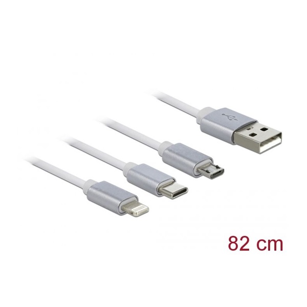 Delock 85850 3 az 1-ben visszahúzható fehér USB töltokábel 8 tus- / Micro-USB- / USB Type-C  végzodéssel