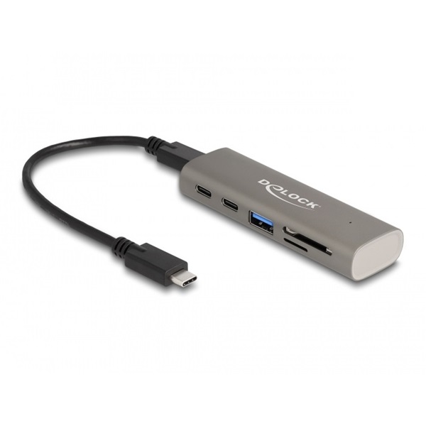 Delock 64236 3 portos USB 10 Gbps hub beépített SD és Micro SD kártyaolvasóval, valamint USB Type-C csatlakoztatóval