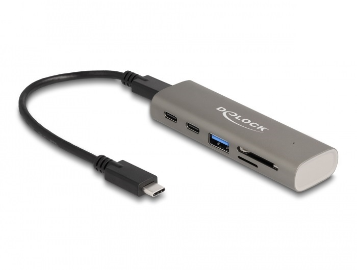 Delock 64236 3 portos USB 10 Gbps hub beépített SD és Micro SD kártyaolvasóval, valamint USB Type-C csatlakoztatóval