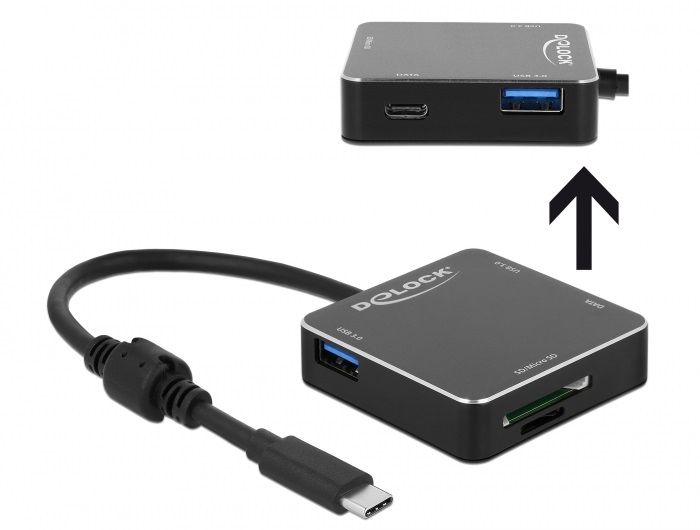 Delock 64045 3 portos, USB 3.1 Gen 1 elosztó USB Type-C  kapcsolattal és SD + Micro SD Slottal