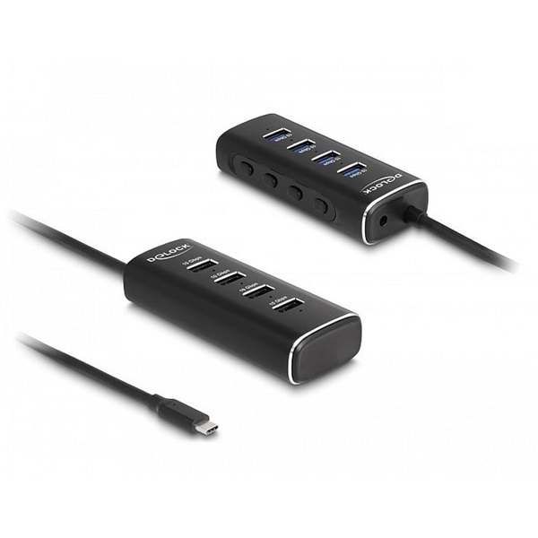 Delock 64233 4 portos USB 10 Gbps hub USB Type-C , 60 cm hosszú kábellel és az egyes portokhoz tartozó kapcsolóval