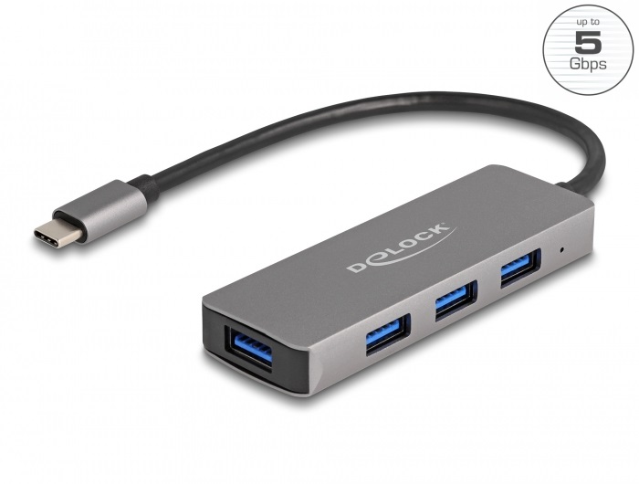 Delock 63173 4 portos USB 3.2 Gen 1 hub USB Type-C csatlakozóval USB Type-A portok az oldalán