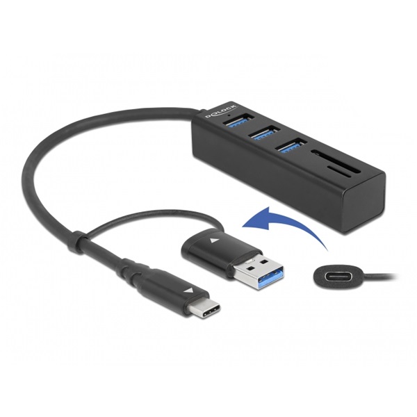 Delock 63859 SD/MicroSD kártyaolvasó + 3 portos USB-C/USB-A csatlakozós USB 3.2 HUB
