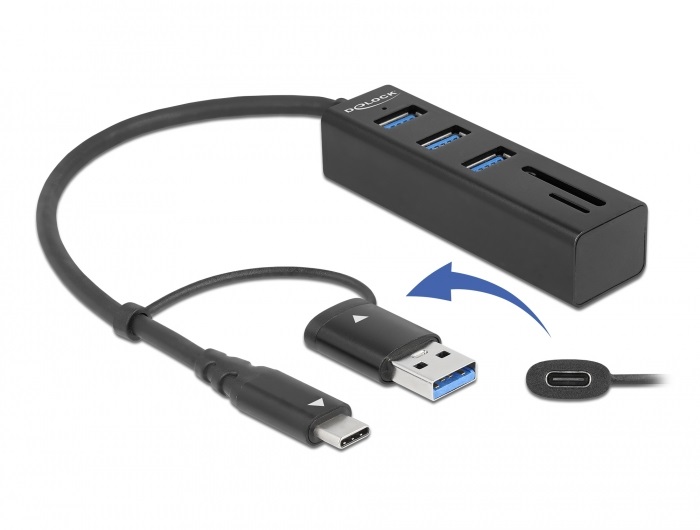 Delock 63859 SD/MicroSD kártyaolvasó + 3 portos USB-C/USB-A csatlakozós USB 3.2 HUB