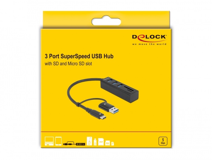 Delock 63859 SD/MicroSD kártyaolvasó + 3 portos USB-C/USB-A csatlakozós USB 3.2 HUB