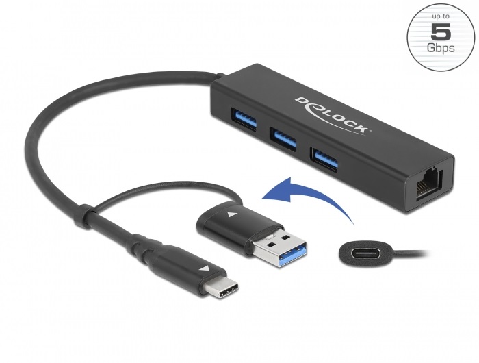 Delock 64149 Gigabit Ethernet + 3 portos USB-C/USB-A csatlakozós USB 3.2 HUB
