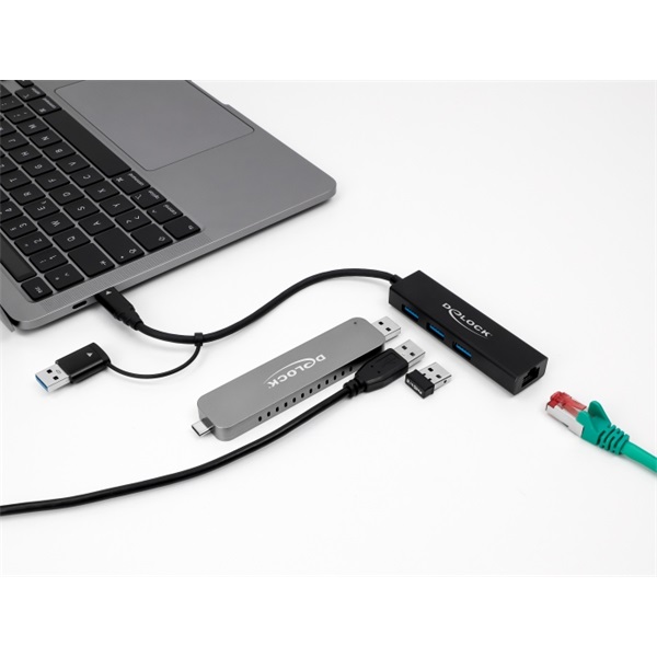 Delock 64149 Gigabit Ethernet + 3 portos USB-C/USB-A csatlakozós USB 3.2 HUB