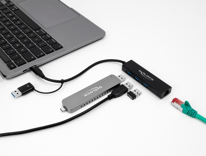 Delock 64149 Gigabit Ethernet + 3 portos USB-C/USB-A csatlakozós USB 3.2 HUB
