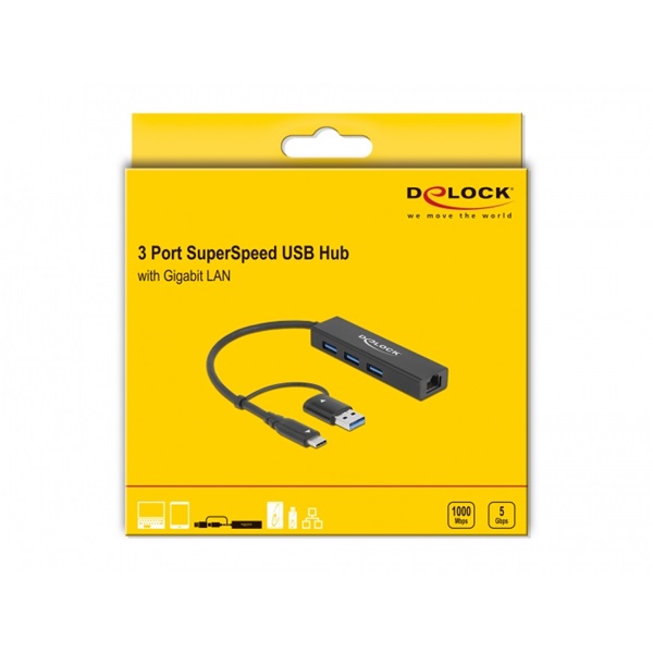 Delock 64149 Gigabit Ethernet + 3 portos USB-C/USB-A csatlakozós USB 3.2 HUB