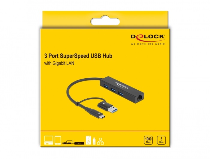 Delock 64149 Gigabit Ethernet + 3 portos USB-C/USB-A csatlakozós USB 3.2 HUB