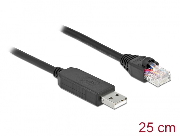 Delock 64158 25cm FTDI chipszet USB-A 2.0 apa - RS-232 RJ45 apa soros kapcsolati kábel