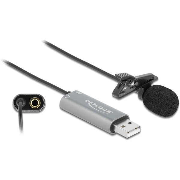 Delock 66638 USB Tie Lavalier mindenirányú csiptetős mikrofon 24 bit / 192 kHz és 3,5 mm-es sztereo jack f