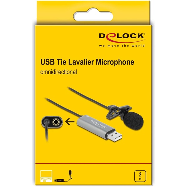 Delock 66638 USB Tie Lavalier mindenirányú csiptetős mikrofon 24 bit / 192 kHz és 3,5 mm-es sztereo jack f