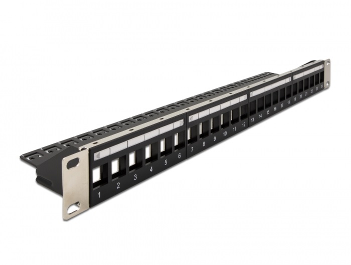 Delock 66865 19" 24 portos Keystone terhelésmentesítős fekete patch panel