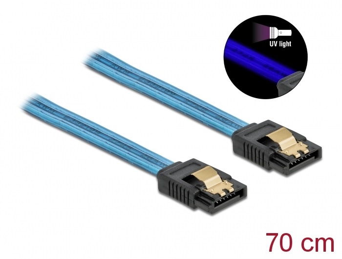 Delock 82133 6 Gb/s SATA kábel UV fényhatással kék színű, 70 cm