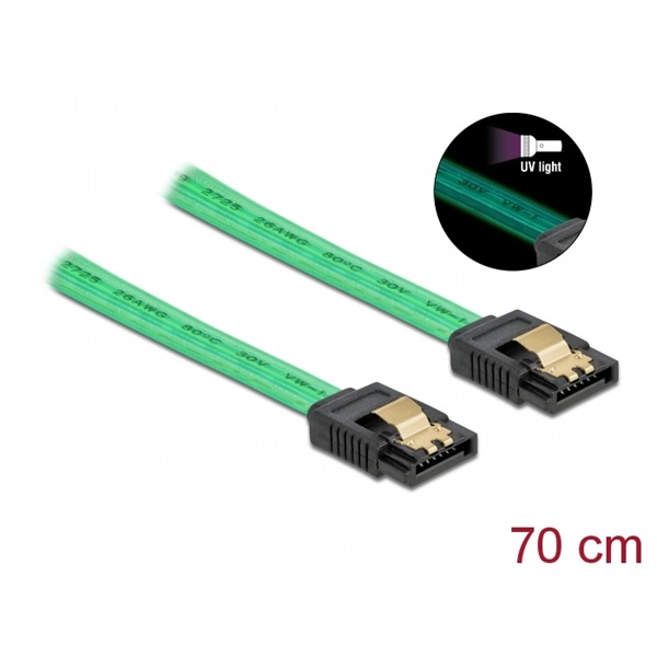 Delock 82112 6 Gb/s SATA kábel UV fényhatással zöld színű, 70 cm