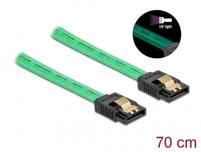 Delock 82112 6 Gb/s SATA kábel UV fényhatással zöld színű, 70 cm
