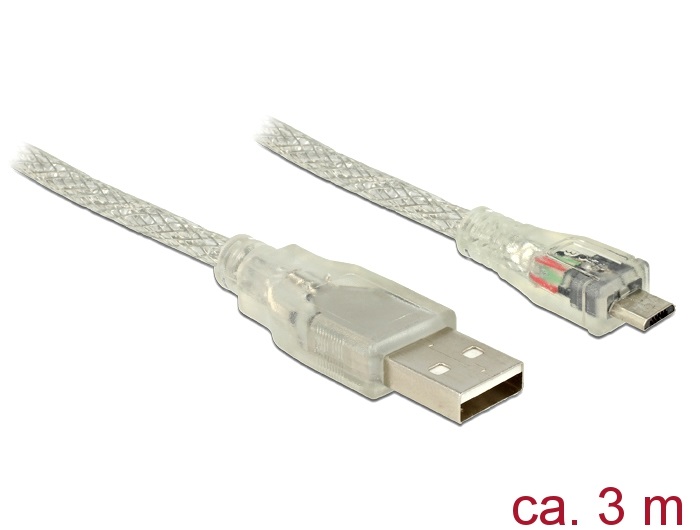 Delock 83902 3m USB 2.0 A/USB 2.0 Mictro-B áttetsző kábel
