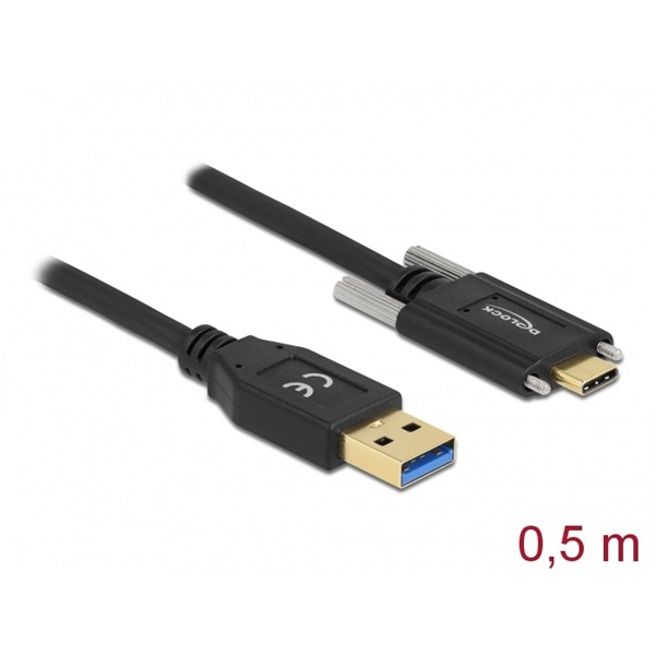 Delock 84007 50cm SuperSpeed USB-A USB 3.2 Gen 2 apa - rögzíthető USB-C apa kábel