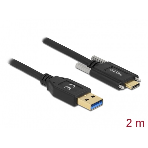 Delock 84019 2m SuperSpeed USB-A USB 3.2 Gen 1 apa - rögzíthető USB-C apa kábel