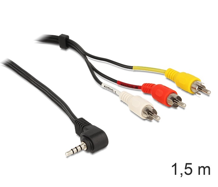 Delock 84504 sztereó jack 3.5 mm 4 pin apa forgatott > 3 x RCA apa 1,5 m kábel