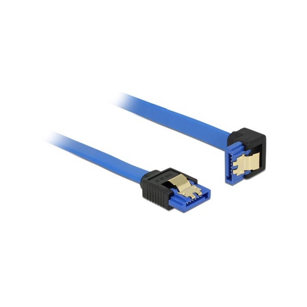 Delock 85088 SATA-kábel, 6 Gb/s, hüvely, egyenes > SATA hüvely, lefelé ívelt, 10 cm, kék aranyszínu kapcso