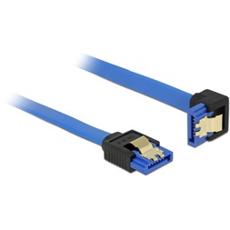 Delock 85088 SATA-kábel, 6 Gb/s, hüvely, egyenes > SATA hüvely, lefelé ívelt, 10 cm, kék aranyszínu kapcso