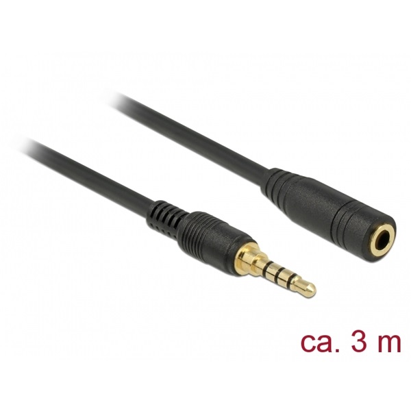 Delock 85633 3m 3,5 mm Jack 4-tűs apa-anya fekete sztereó kábel