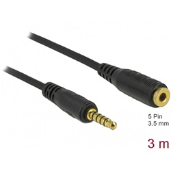 Delock 85703 5 tűs apa-anya sztereó jack hosszabbító kábel 3,5 mm-es átmérő, 3 m hosszú fekete