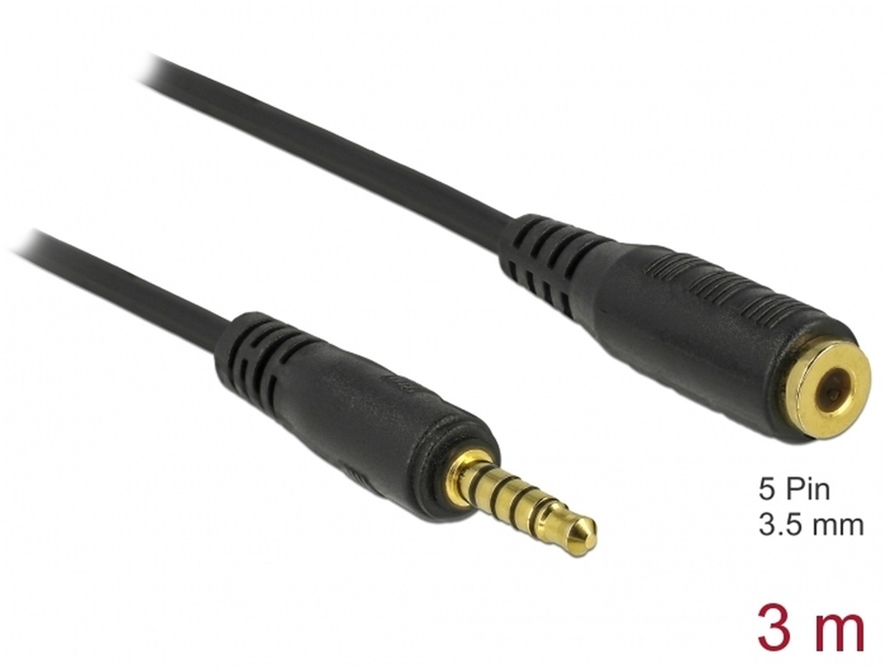 Delock 85703 5 tűs apa-anya sztereó jack hosszabbító kábel 3,5 mm-es átmérő, 3 m hosszú fekete
