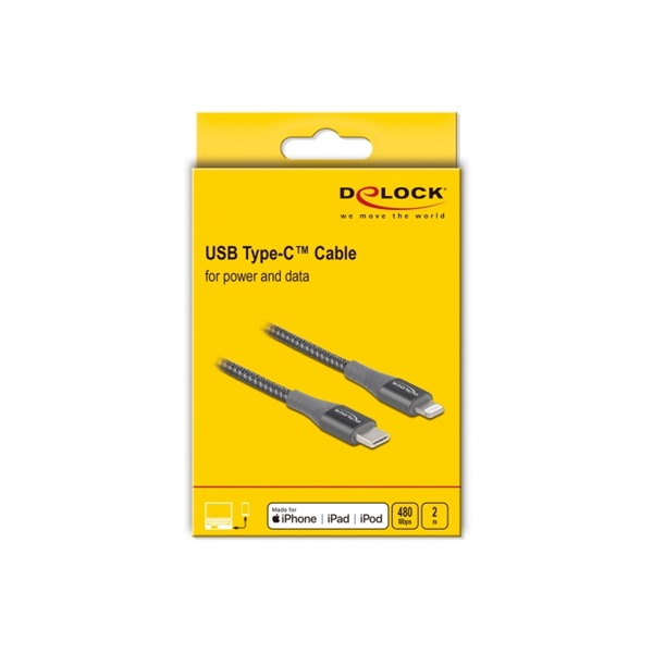 Delock 86632 2m USB-C - Lightning iPhone/iPad/iPod kompatibilis szürke MFi adat- és töltőkábel
