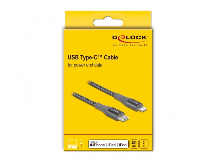 Delock 86632 2m USB-C - Lightning iPhone/iPad/iPod kompatibilis szürke MFi adat- és töltőkábel
