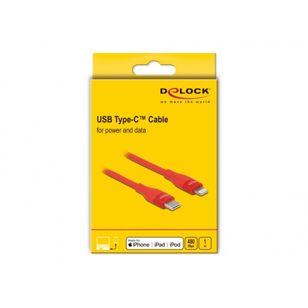 Delock 86634 1m USB-C - Lightning iPhone/iPad/iPod kompatibilis piros MFi adat- és töltőkábel