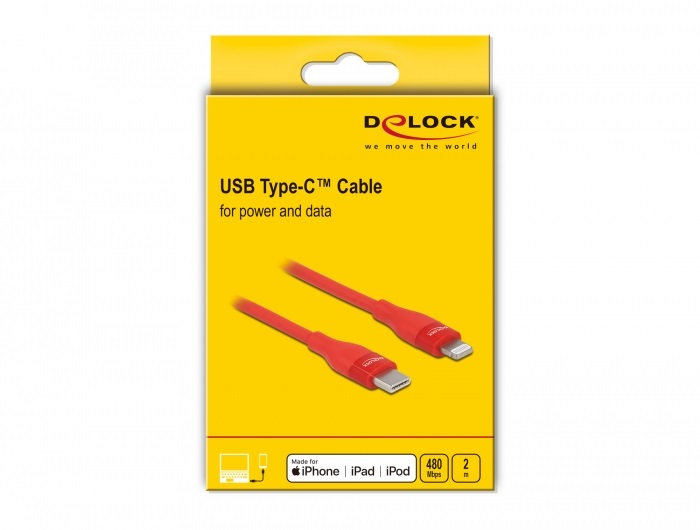 Delock 86635 2m USB-C - Lightning iPhone/iPad/iPod kompatibilis piros MFi adat- és töltőkábel