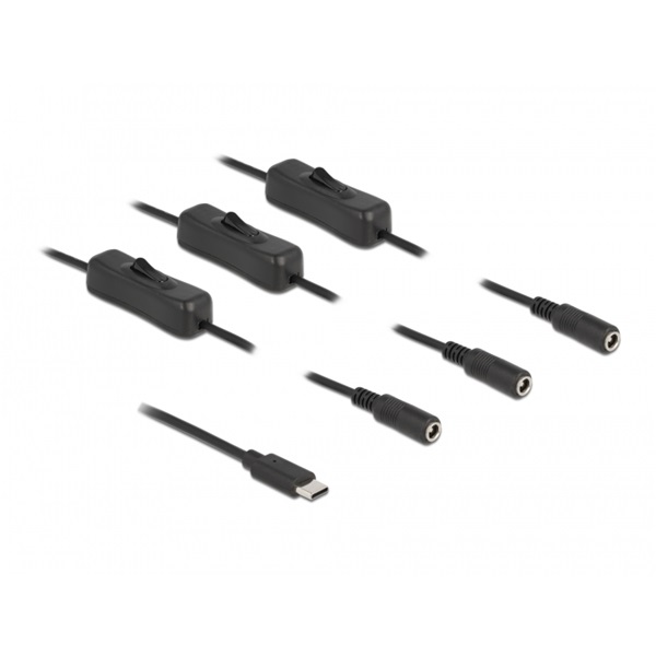 Delock 86801 1m USB-C apa - 3xDC5,5x2,1mm anya max. 10W kapcsolós kábel
