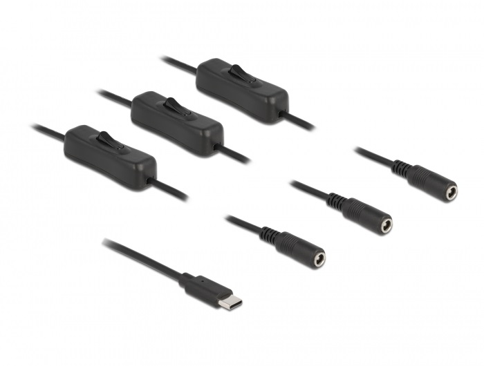 Delock 86801 1m USB-C apa - 3xDC5,5x2,1mm anya max. 10W kapcsolós kábel