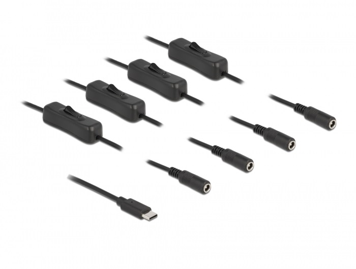 Delock 86802 1m USB-C apa - 4xDC5,5x2,1mm anya max. 10W kapcsolós kábel