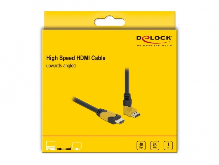 Delock 86988 1m High Speed HDMI 48Gbps apa egyenes - apa 90°-ban felfelé hajlított kábel
